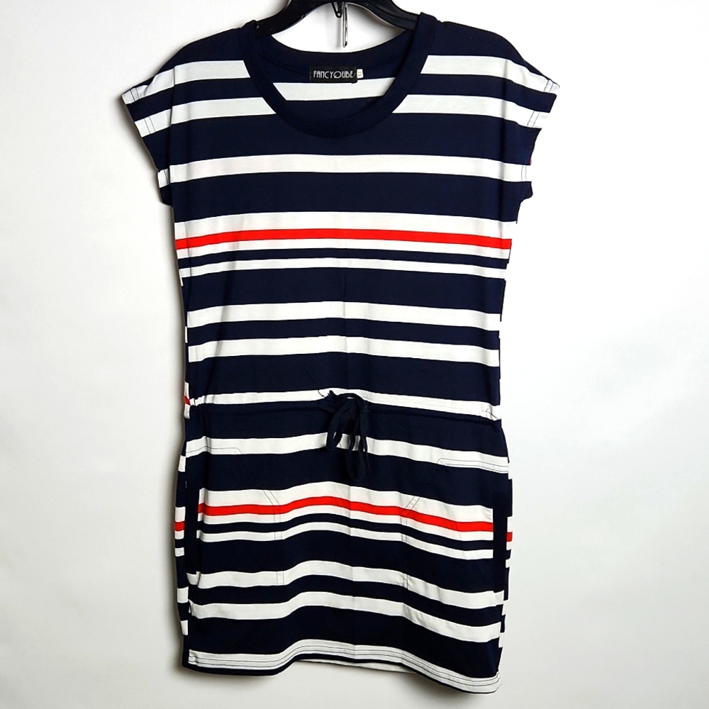 Fancyqube Red, White and Blue striped dress sz-XL drawstring waist with Pockets